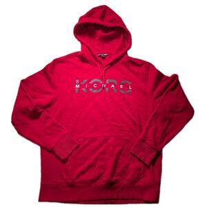 Michael Kors Red Sweater Mens Large Pullover Hooded White Spellout Front Pocket